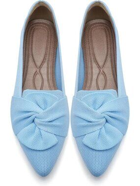 Women's Light Blue Bow Pointed Toe Pull On Comfortable Knit Ballet Flat Shoes